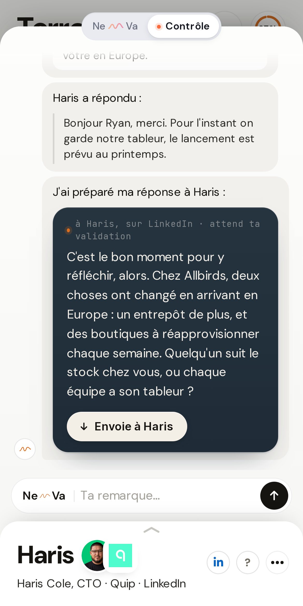 La réponse prête pour Haris, et le bouton Envoie à Haris